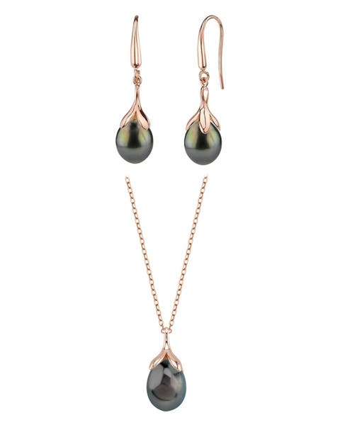 10-11mm Tahitian South Sea Pearl Rose Gold Plated Olive Drop Pendant and Earrings Set