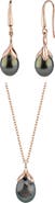 The Pearl Source 10-11mm Tahitian South Sea Pearl Rose Gold Plated Olive Drop Pendant and Earrings Set