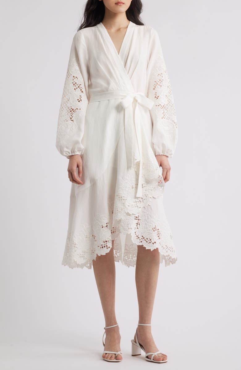 KOBI HALPERIN Lace Detail Long Sleeve Midi Wrap Dress, Main, color, White