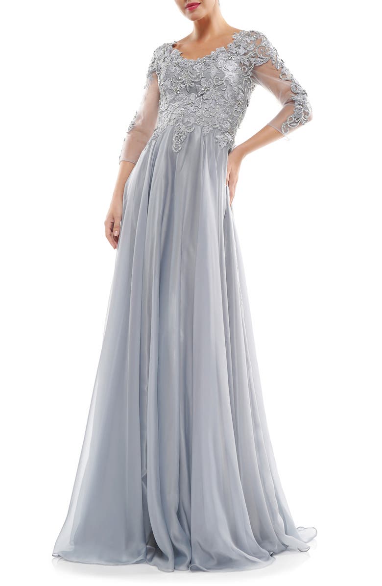 MARSONI Embroidered Sheer Sleeve Chiffon Gown, Main, color, 