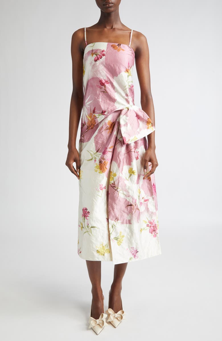 Erdem Dancing Carnation Print Rumpled Satin Draped Cocktail Dress, Main, color, Dancing Carnation Cinder Rose