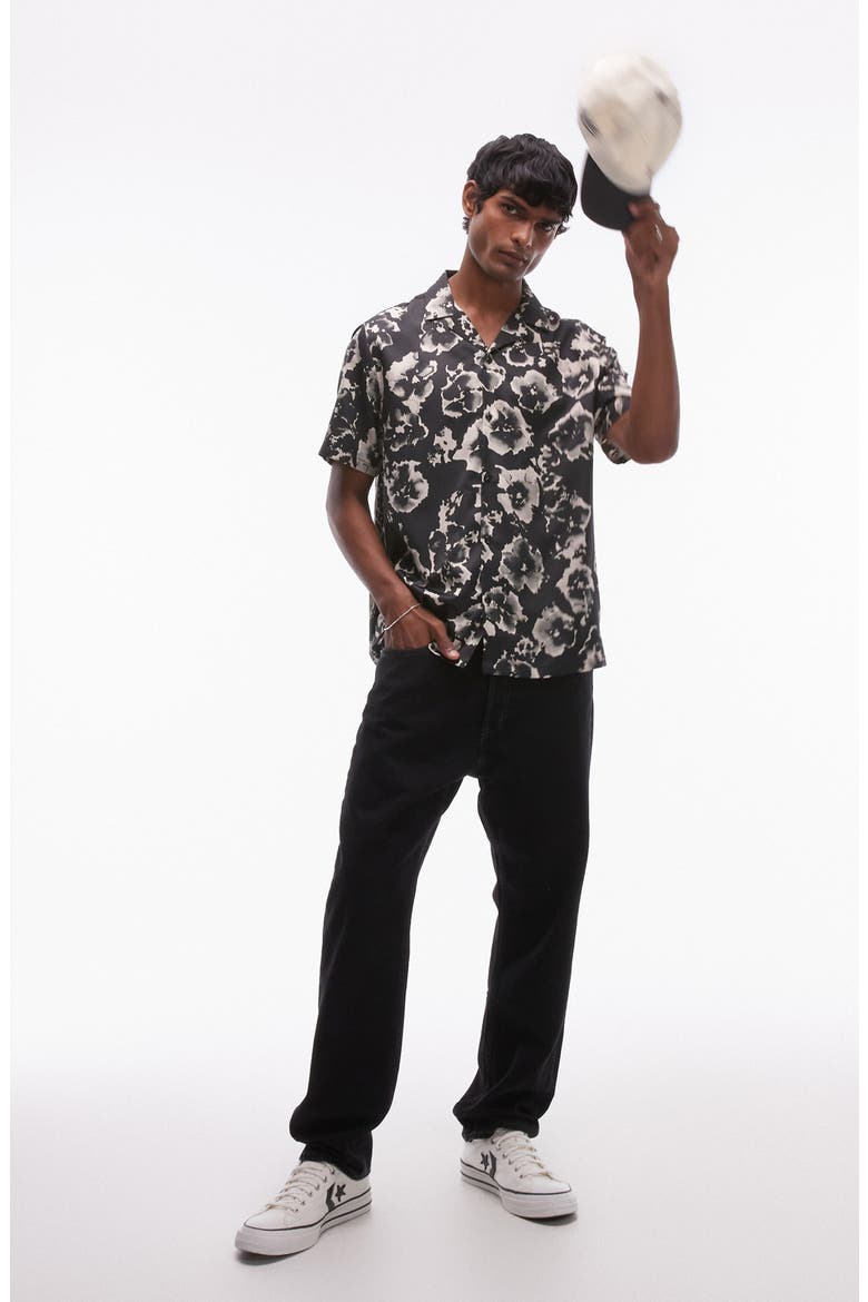 Floral Satin Camp Shirt, Alternate, color, BLACK