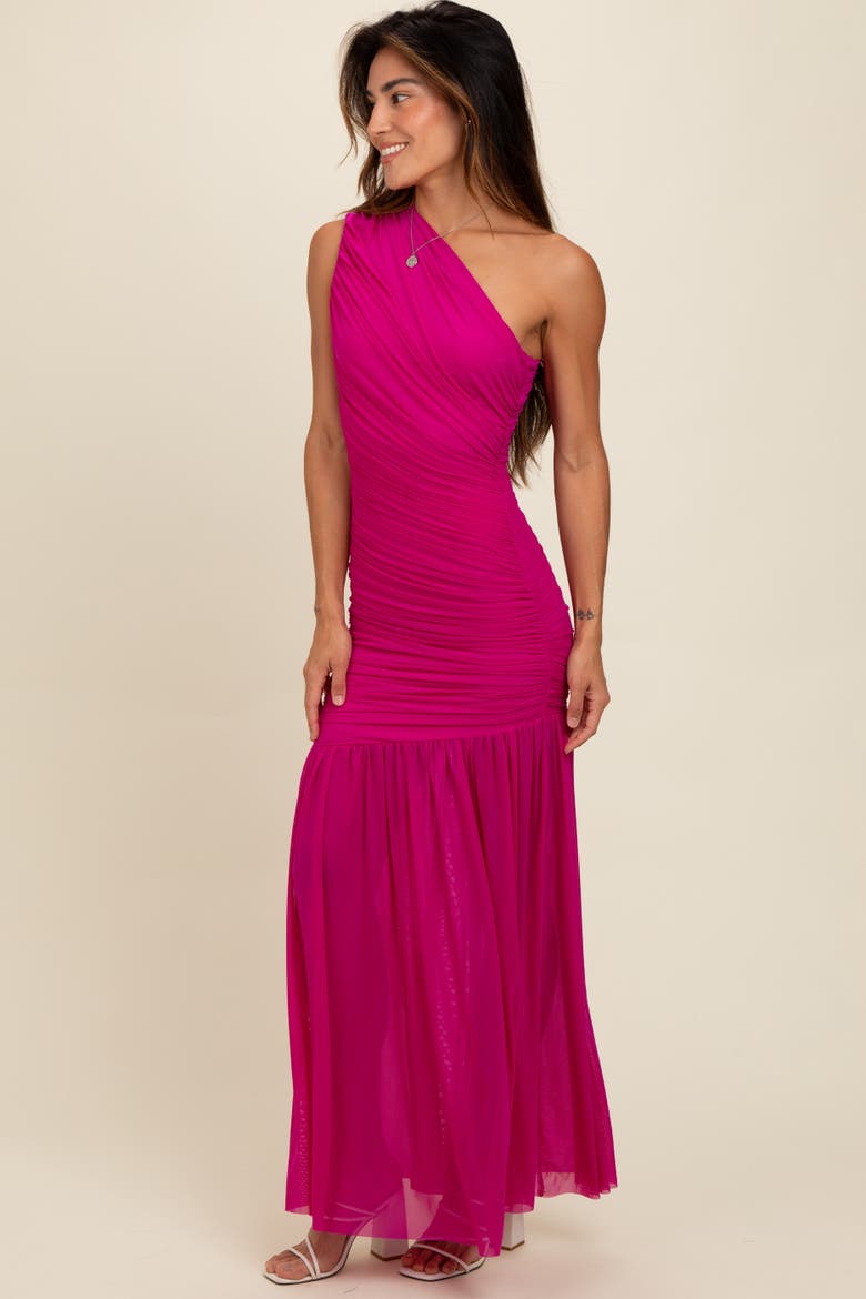 Ruched Mesh One Shoulder Maxi Dress, Alternate, color, Magenta