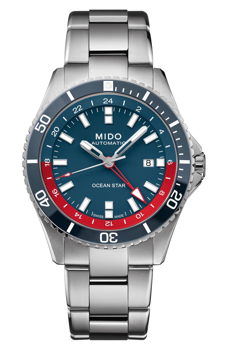 MIDO Ocean Star GMT Automatic Bracelet Watch & Fabric Strap Gift Set, 44mm, Main, color, Blue