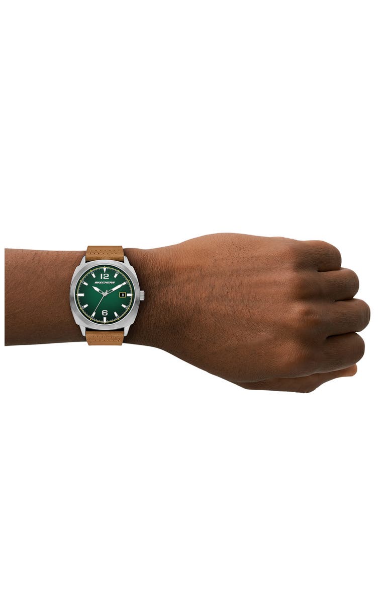 Hewes Three-Hand Leather Strap Watch, Alternate, color, SILVER