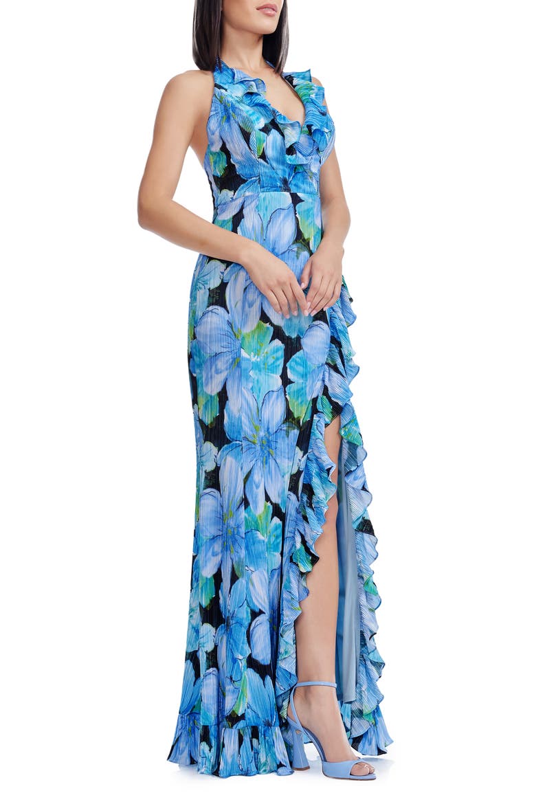 Kathleen Floral Ruffle Halter Gown, Alternate, color, COBALT MULTI