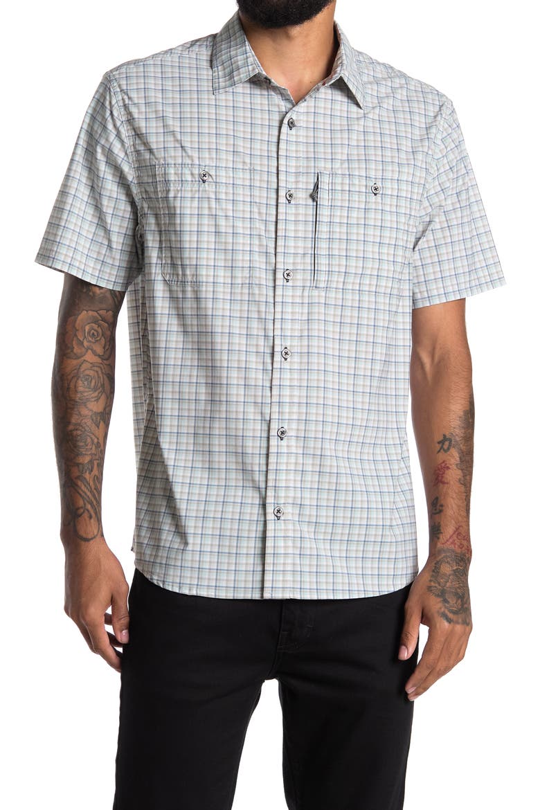 FLAG AND ANTHEM Mini Plaid Print Short Sleeve Shirt, Main, color, BLUE/ GREY