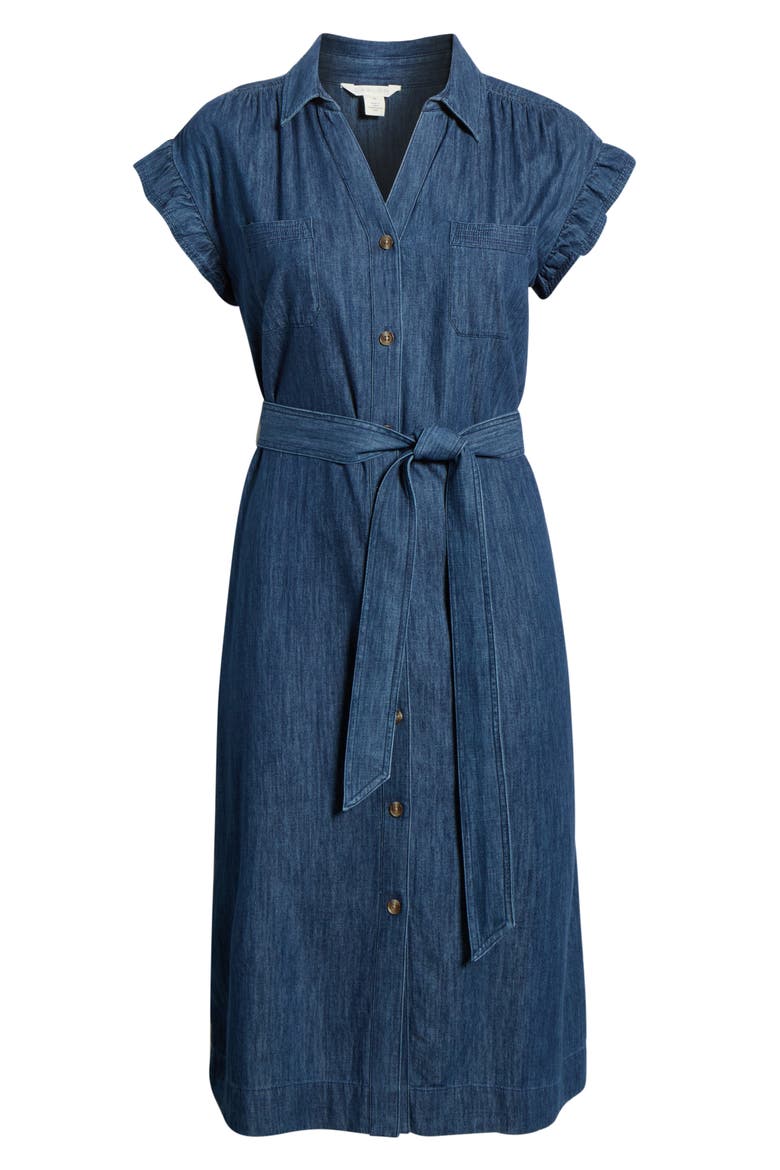 Flutter Sleeve Tie Waist Denim Midi Dress, Alternate, color, DARK WASH