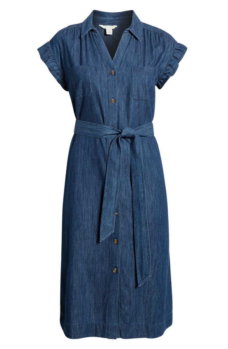 Caslon<sup>®</sup> Flutter Sleeve Tie Waist Denim Midi Dress, Alternate, color, Dark Wash