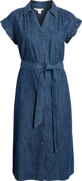 Caslon® Flutter Sleeve Tie Waist Denim Midi Dress