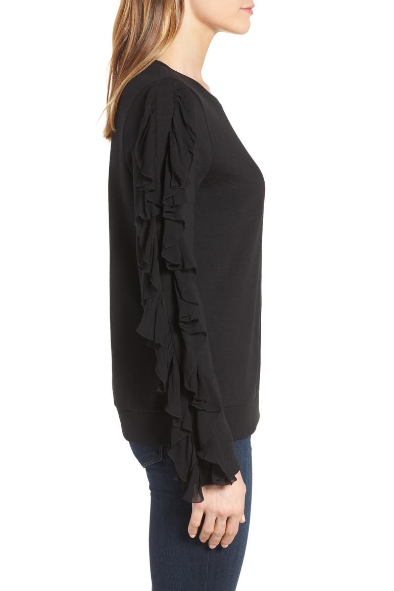 Ruffle Trim Sweatshirt, Alternate, color, BLACK
