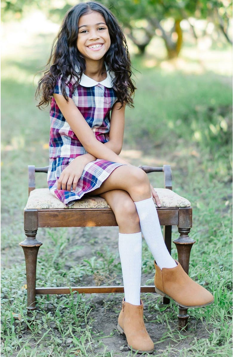 Hope & Henry Girls' Organic Peter Pan Collar Pleated Dress, Toddler, Alternate, color, Berry Tartan