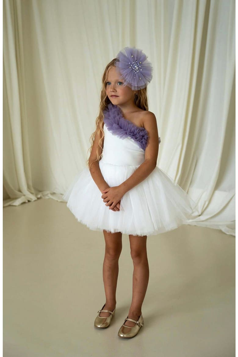 Fiona One Shoulder Ruffle Tulle Dress, Alternate, color, White Lily Lilac Ruffle
