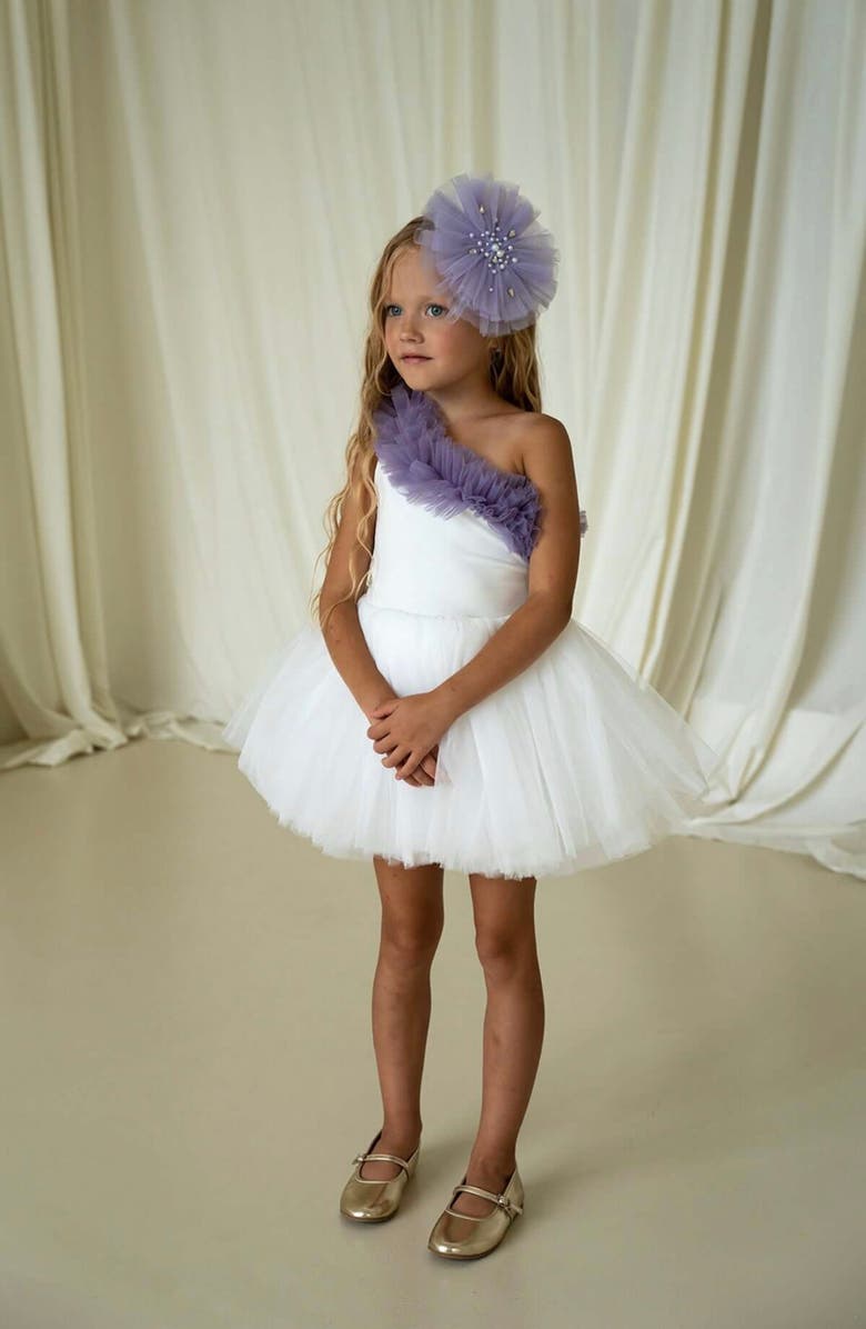 Mini Celebrities Fiona One Shoulder Ruffle Tulle Dress, Alternate, color, White Lily Lilac Ruffle