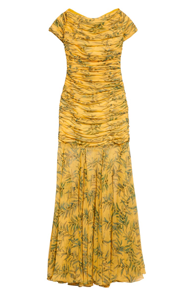 Carolina Herrera Olive Branch Off the Shoulder Silk Ruched Gown, Alternate, color, Daffodil/ Multi