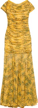 Carolina Herrera Olive Branch Off the Shoulder Silk Ruched Gown