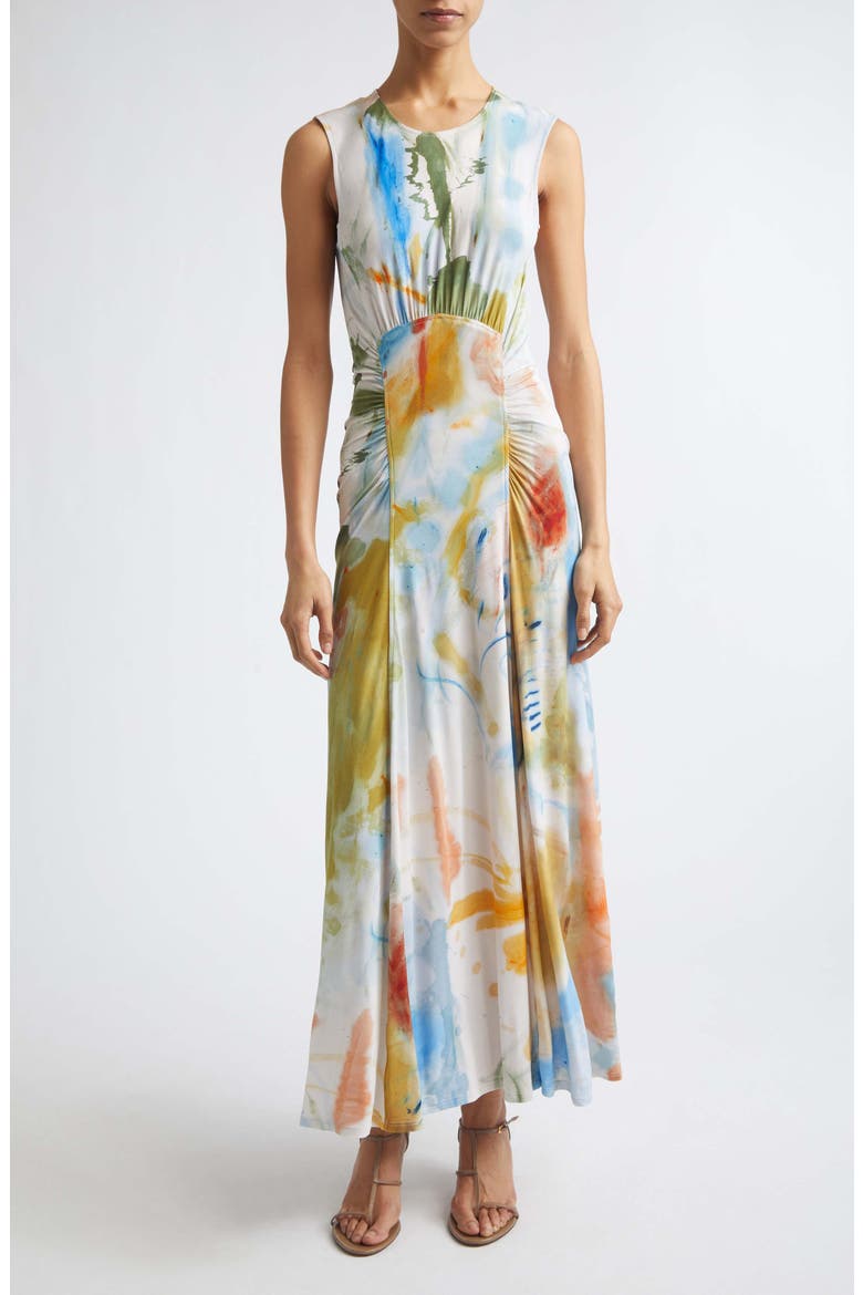 Lana Ruched Sleeveless Silk Maxi Dress, Main, color, WESTERN DREAM