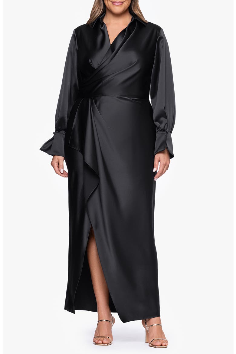 Collar Long Sleeve Satin Gown, Main, color, BLACK