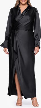 Xscape Evenings Collar Long Sleeve Satin Gown