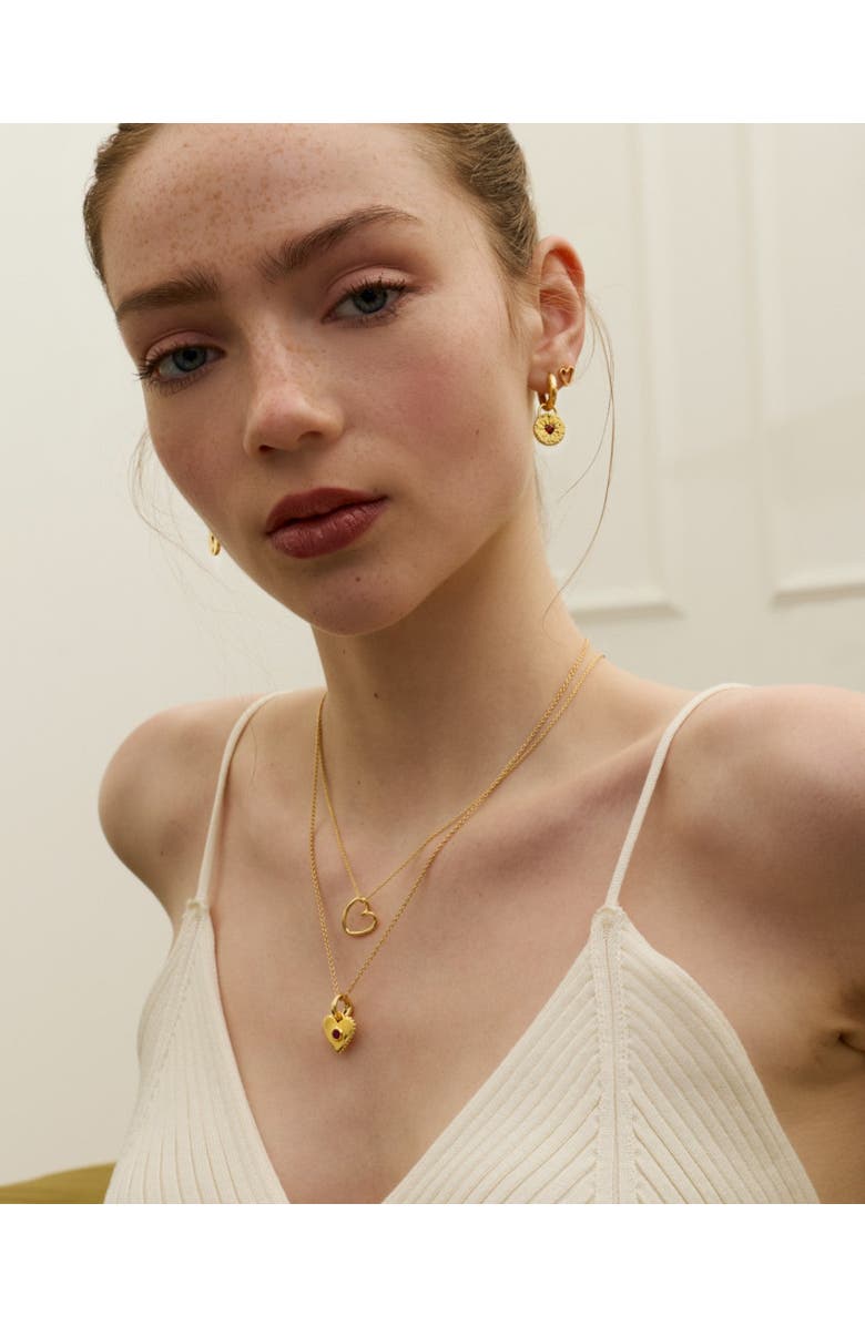 Ottoman Hands Garnet Heart Huggie Earrings, Alternate, color, Gold