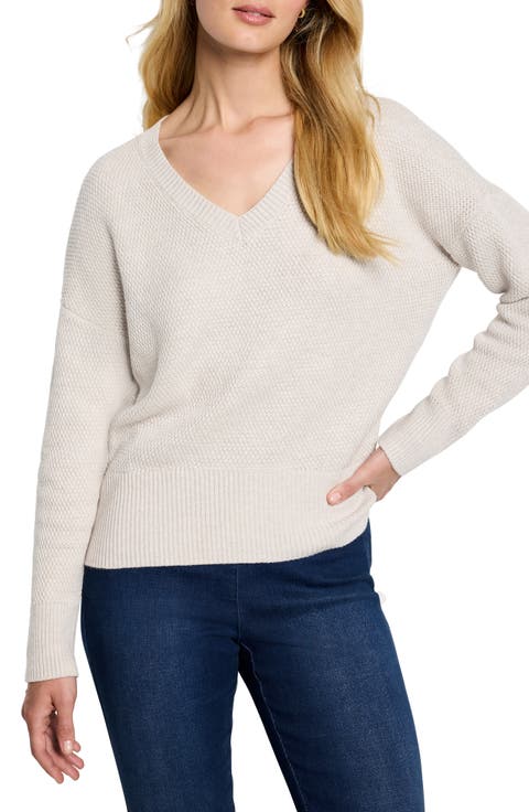 Tuck Stitch V-Neck Cotton Blend Sweater