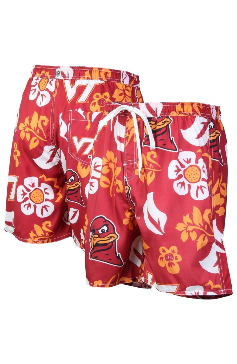 Wes & Willy Men's Wes & Willy Maroon Virginia Tech Hokies Floral Volley Logo Swim Trunks, Main, color, Maroon