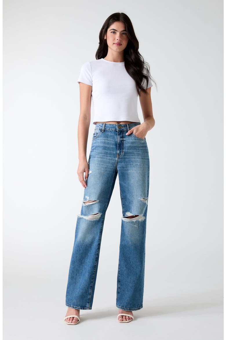 High Waist Ripped Straight Leg Jeans, Alternate, color, BLUE