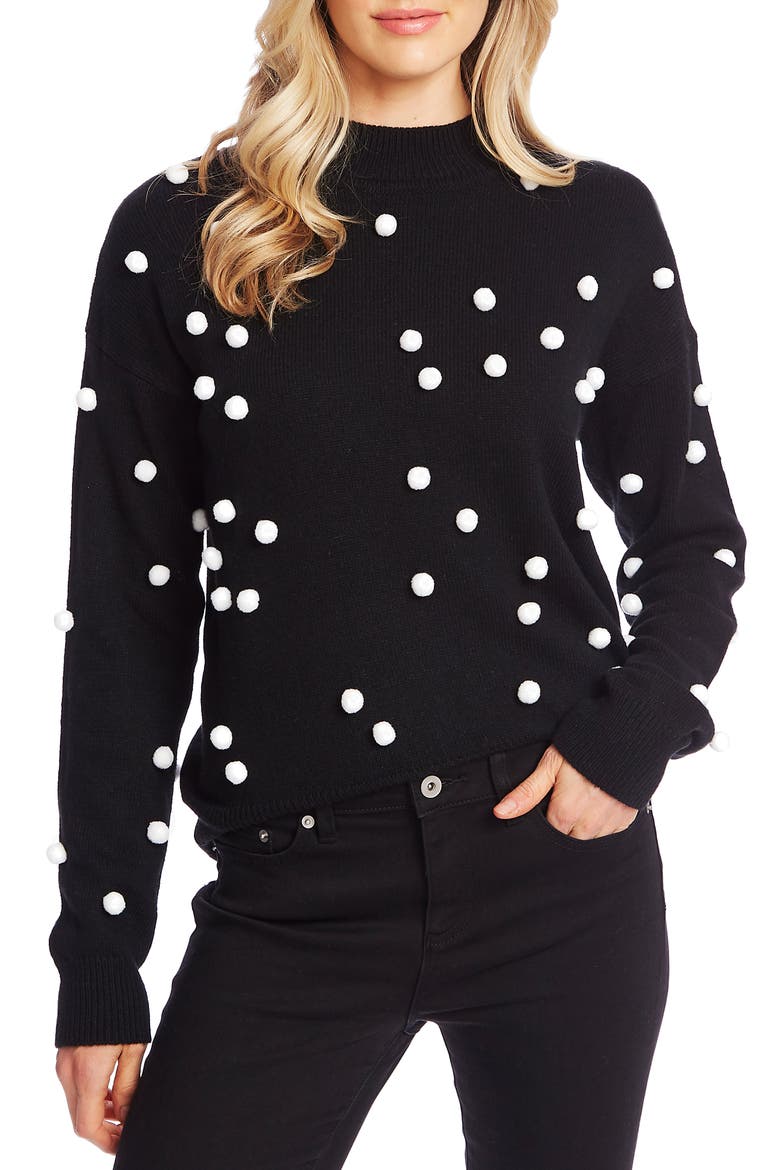 Pompom Mock Neck Sweater, Main, color, RICH BLACK