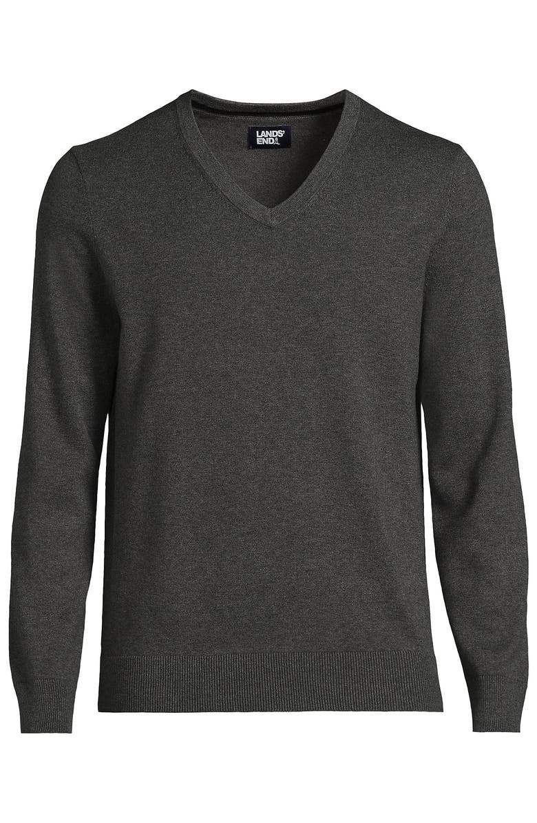Lands' End Fine Gauge Cotton V Neck Sweater, Alternate, color, Charcoal Heather