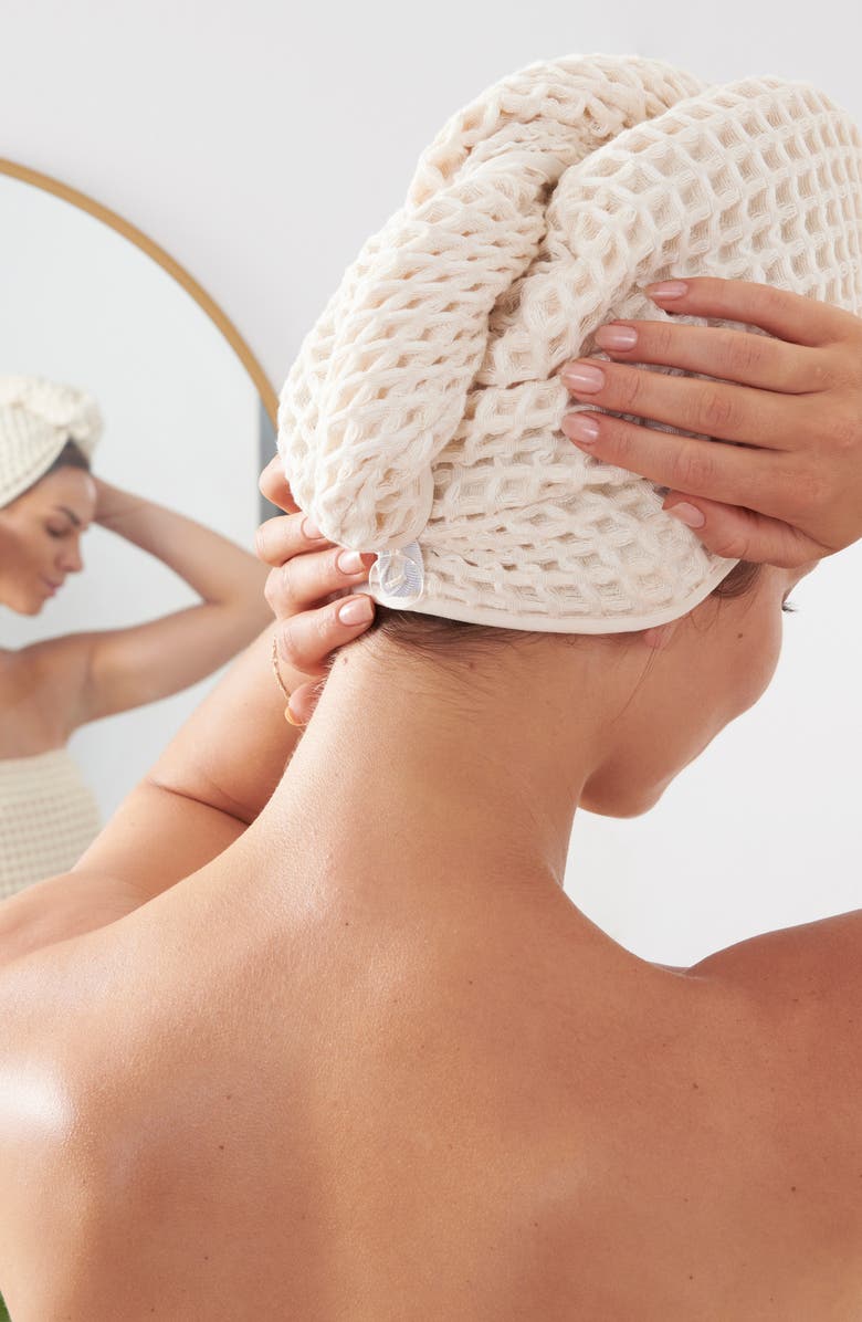 DKNY Pure Pure Yarn Dyed Cotton Waffle Body Wrap & Hair Wrap Set, Alternate, color, Natural