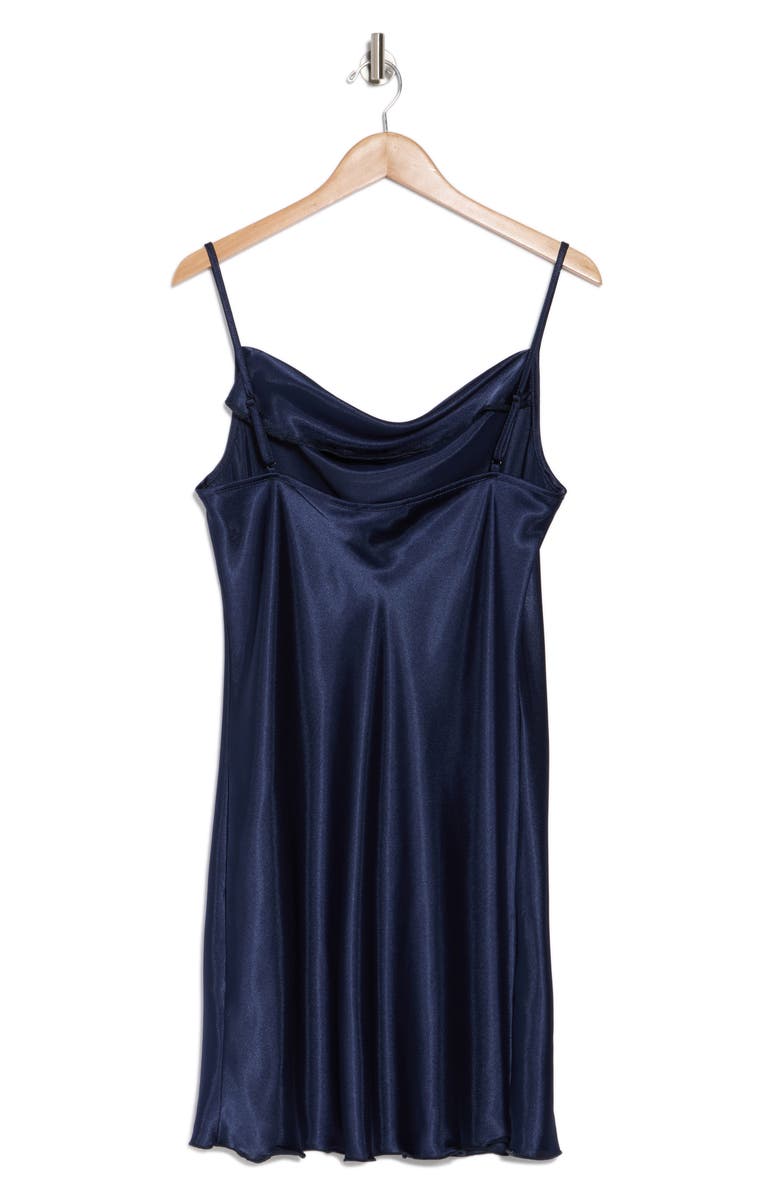 bebe Cowl Neck Satin Slip Dress, Alternate, color, Navy