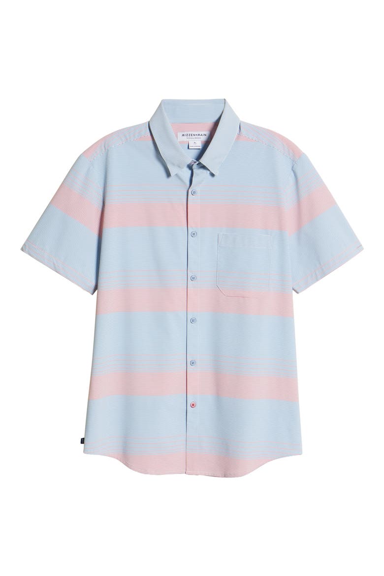 Leeward Trim Fit Stripe Short Sleeve Button-Up Performance Shirt, Alternate, color, BLUE RED STRIPE