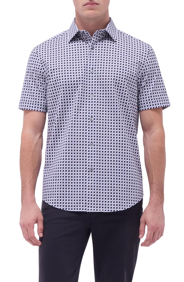 Bugatchi Miles OoohCotton<sup>®</sup> Geometric Print Short Sleeve Button-Up Shirt, Main, color, Zinc