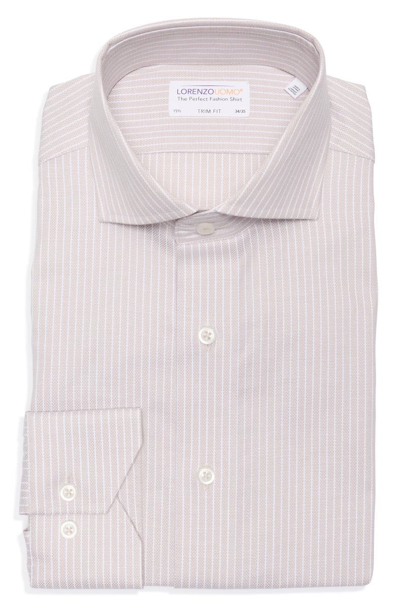 Lorenzo Uomo Trim Fit Stripe Textured Stretch Dress Shirt, Alternate, color, Tan