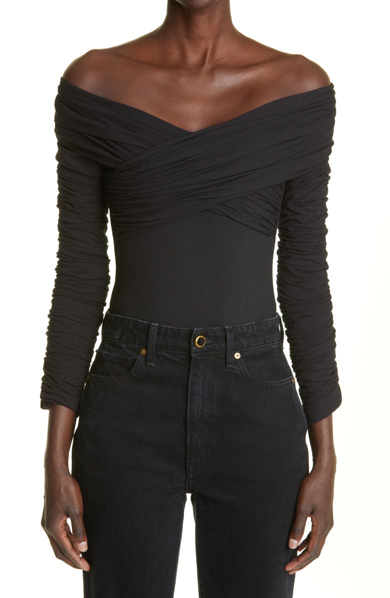 Khaite The Lili Draped Off the Shoulder Stretch Cotton Bodysuit, Main, color,