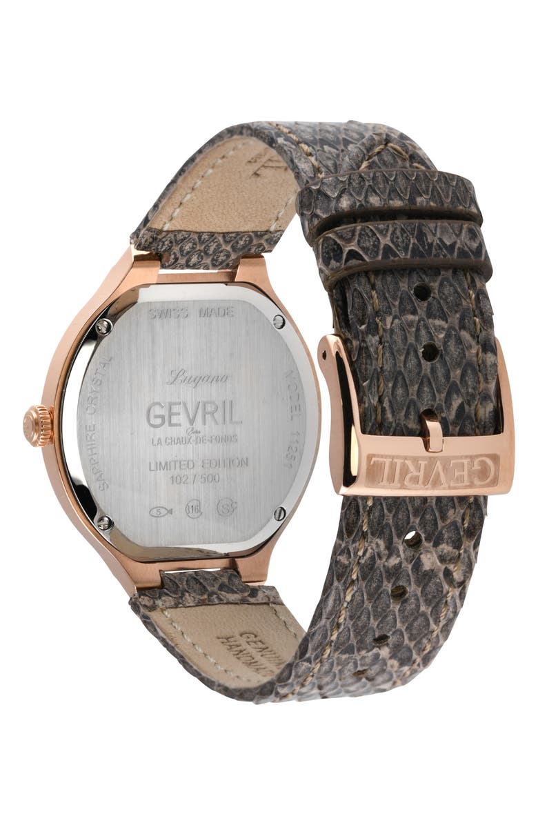 GEVRIL Lugano Diamond Croc Embossed Leather Strap Watch, 35mm, Alternate, color, 