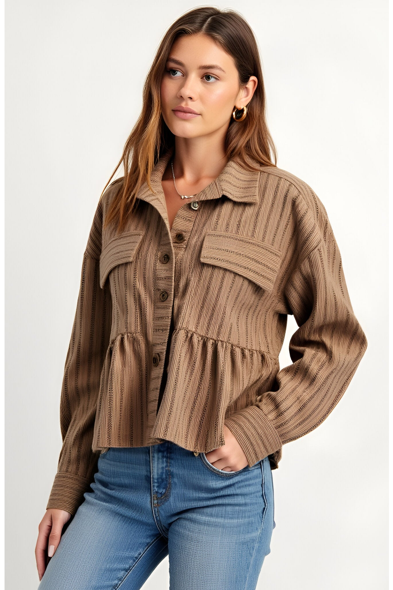 Striped Button-Front Shirt Jacket with Peplum Hem and Chest Pockets, Main, color, Striped