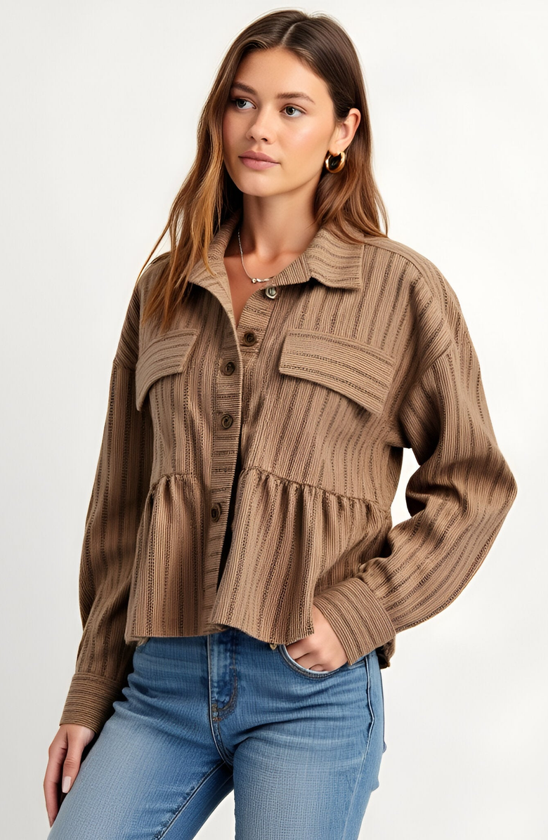 Modenaire Striped Button-Front Shirt Jacket with Peplum Hem and Chest Pockets, Main, color,