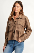 Modenaire Striped Button-Front Shirt Jacket with Peplum Hem and Chest Pockets