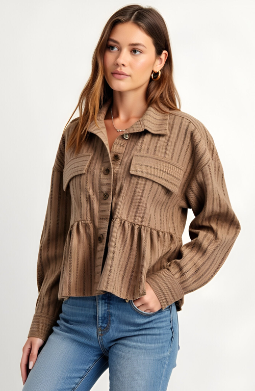 Modenaire Striped Button-front Shirt Jacket With Peplum Hem And Chest Pockets In Brown