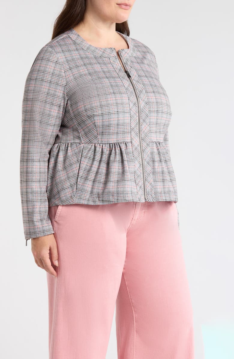 Liverpool Los Angeles Plaid Peplum Zip Jacket, Alternate, color, Gry/ Blush Plaid