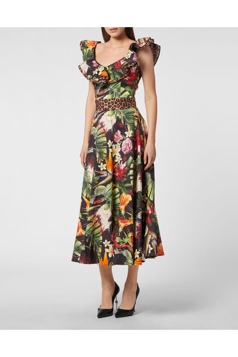 Long Dress Flowers Women, Main, color, black/multicolored