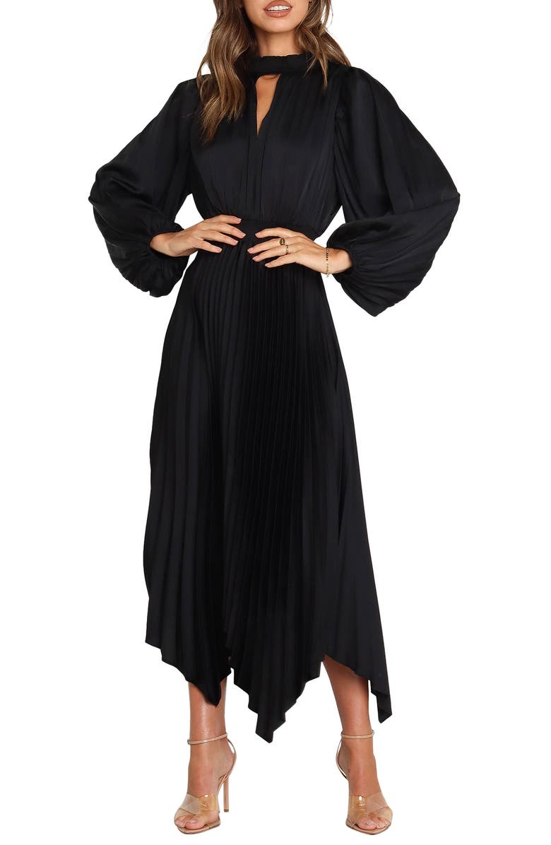 Petal & Pup Eloise Pleated Balloon Sleeve Midi Dress, Main, color, Black