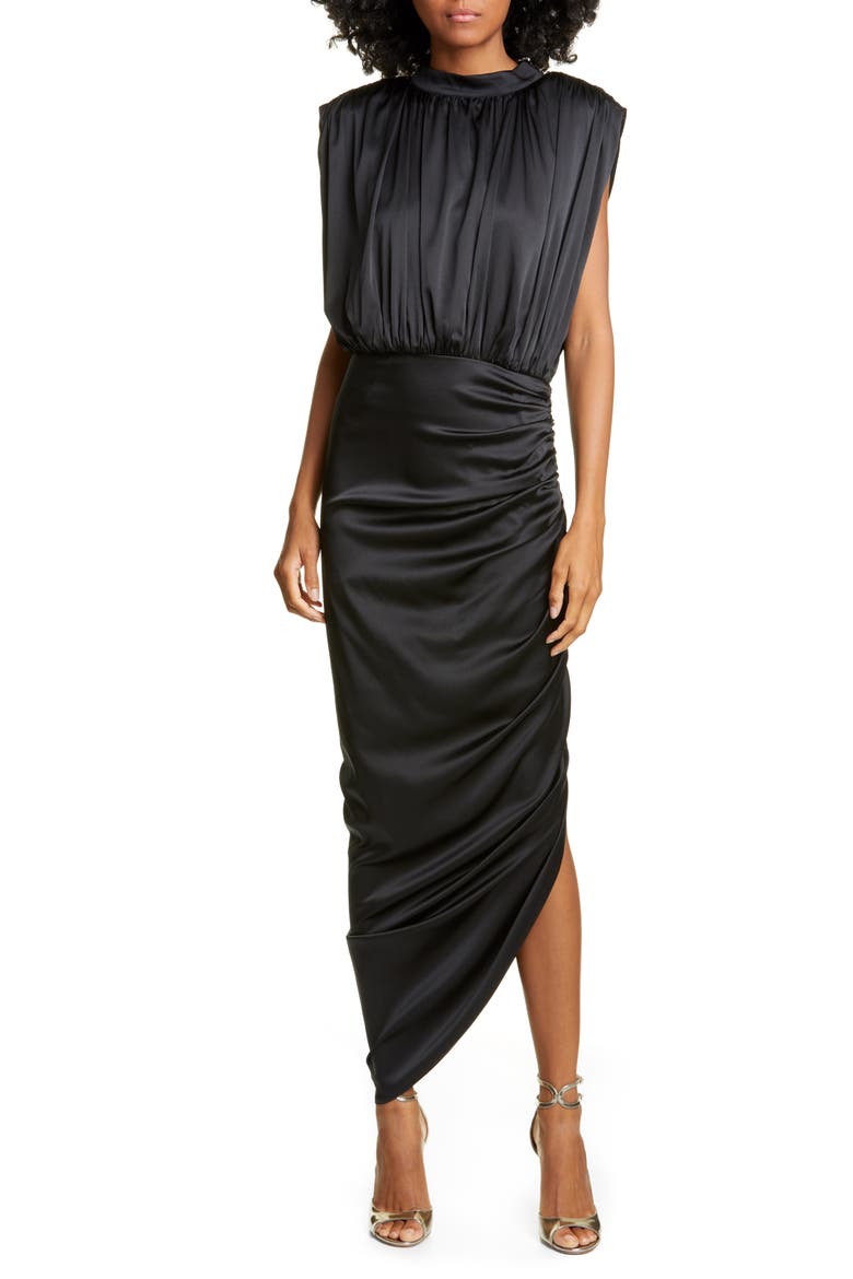Kendall Ruched Stretch Silk Satin Dress, Main, color, BLACK