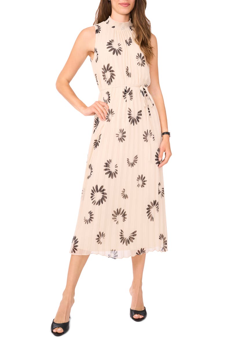 Daisy Print Sleeveless Pleated Maxi Dress, Main, color, BIRCH