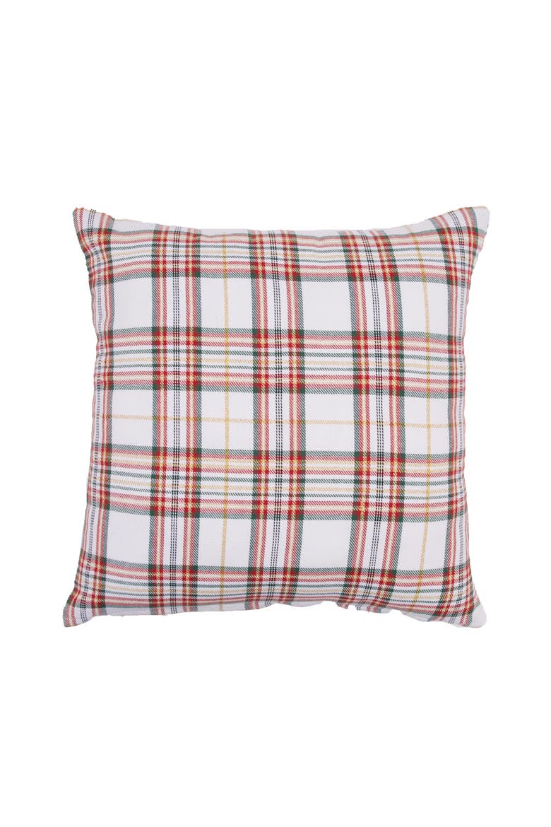 Merry Christmas and Botanical Berries on Plaid Throw Pillow 18" x 18", Alternate, color, Red