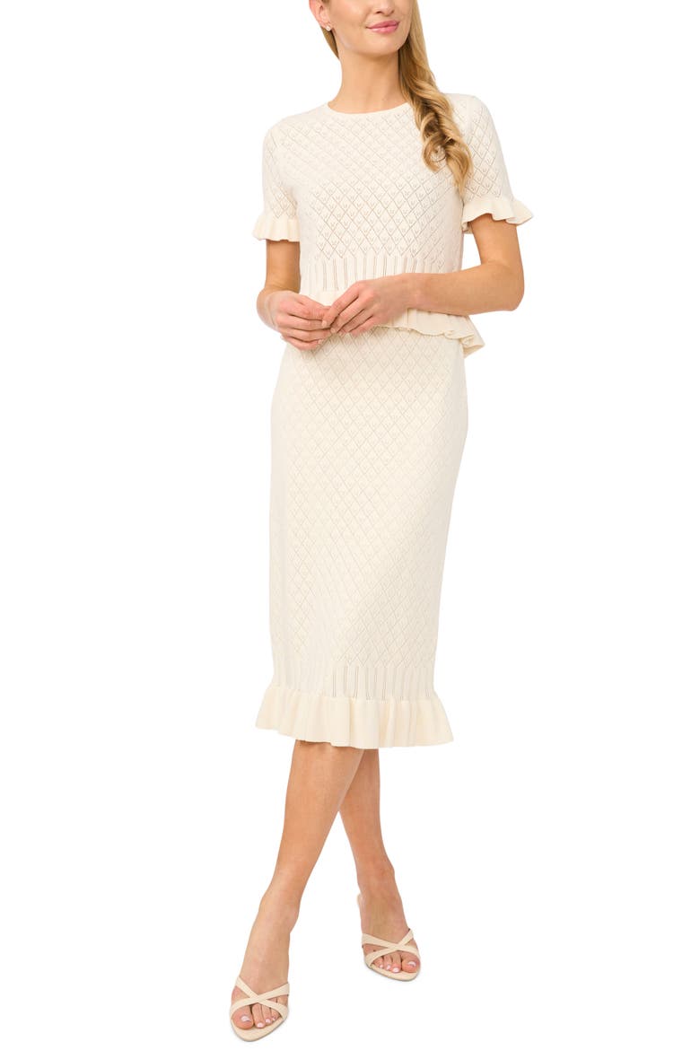 Pointelle Knit Ruffle Trim Peplum Sweater, Alternate, color, PURE WHITE