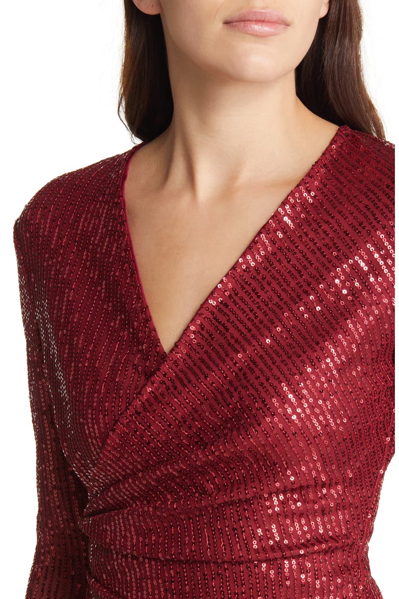 Sequin Long Sleeve Asymmetric Cocktail Dress, Alternate, color, BURGUNDY