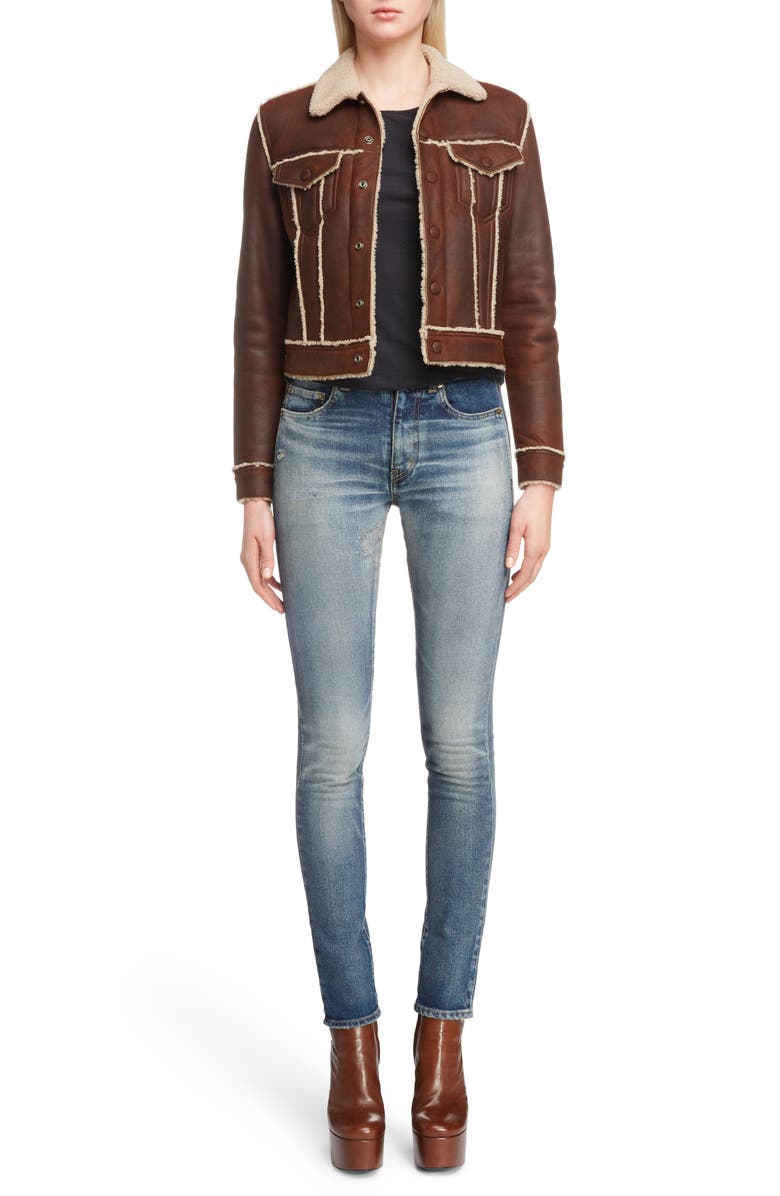 Saint Laurent Genuine Shearling Trucker Jacket, Alternate, color, 