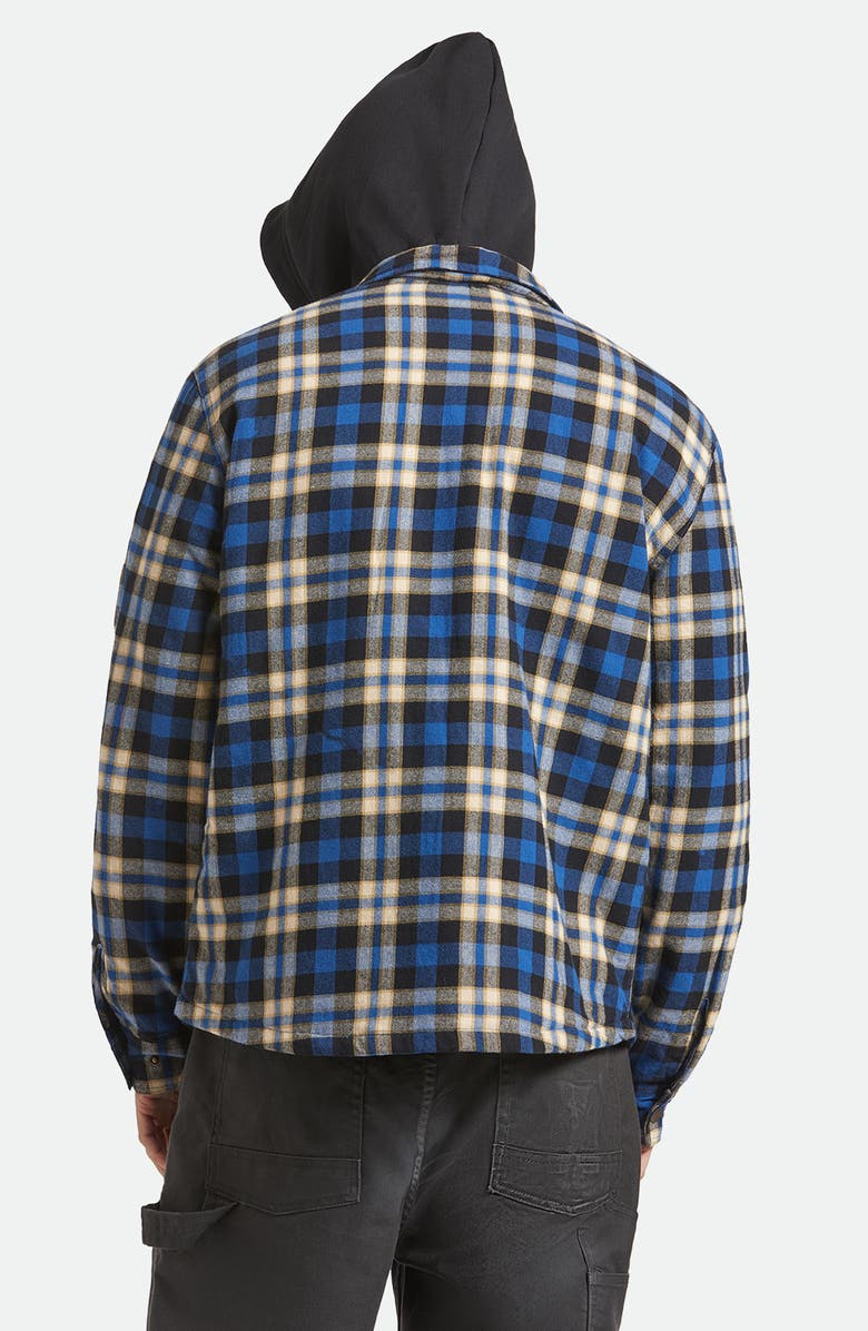 Brixton Bowery Quilted Hooded Plaid Flannel Snap-Up Jacket, Alternate, color, Navy/ Cream